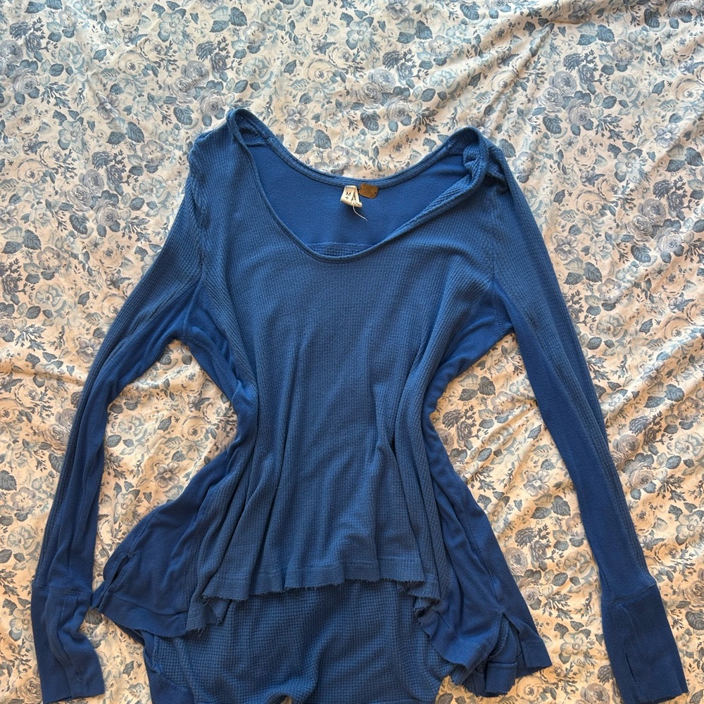 We The Free Blue Asymmetrical Long Sleeve Blouse